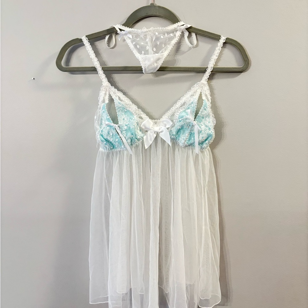 Elegant White and Blue Lace Babydoll Lingerie Set